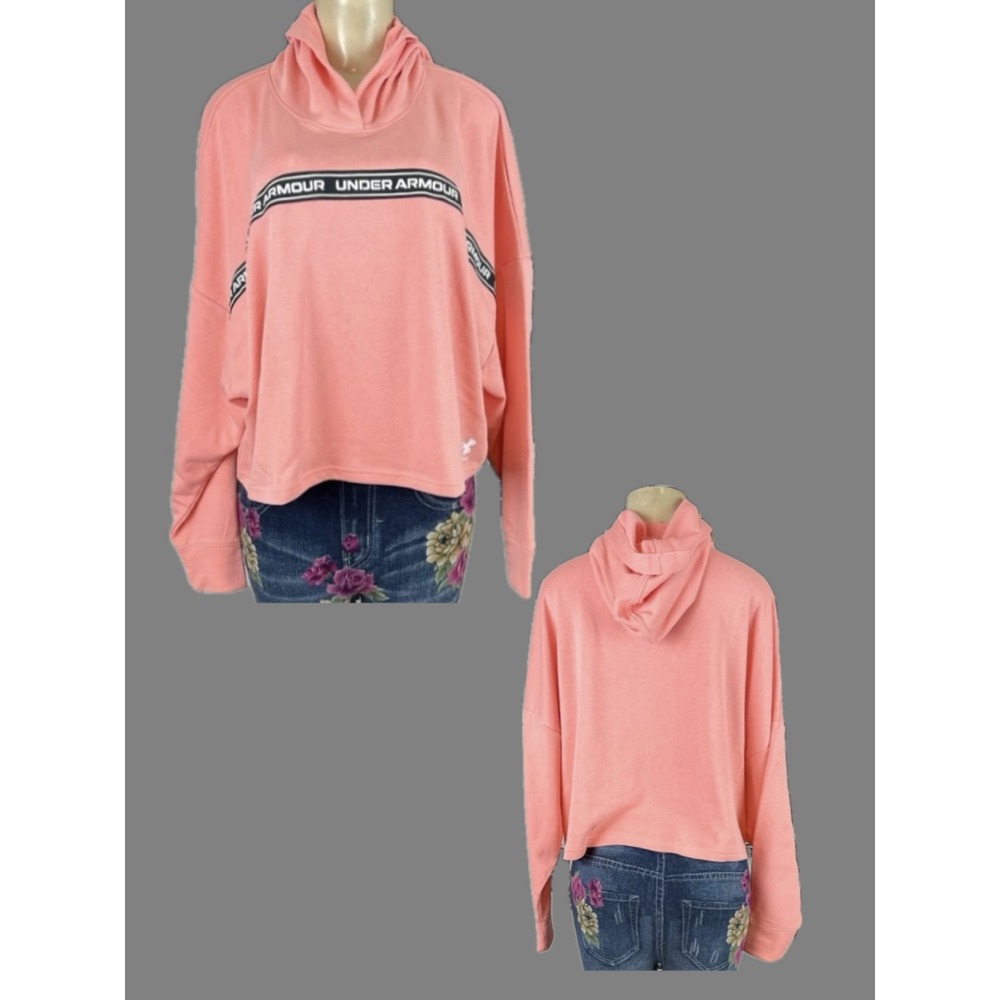 Under Armour L Waist- Crop Hoodie Coral Pink Loose Fit Branded Tape Long Sleeve
